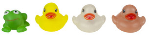 Recalled yellow, clear and pink ducks and green frog